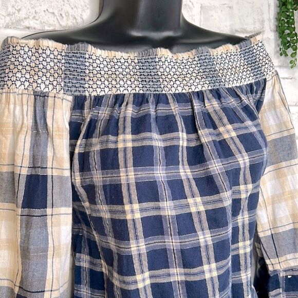 LOFT Off The Shoulder Plaid Flare Sleeves Shirt Top Blouse Boho Hippie Small - Picture 5 of 8